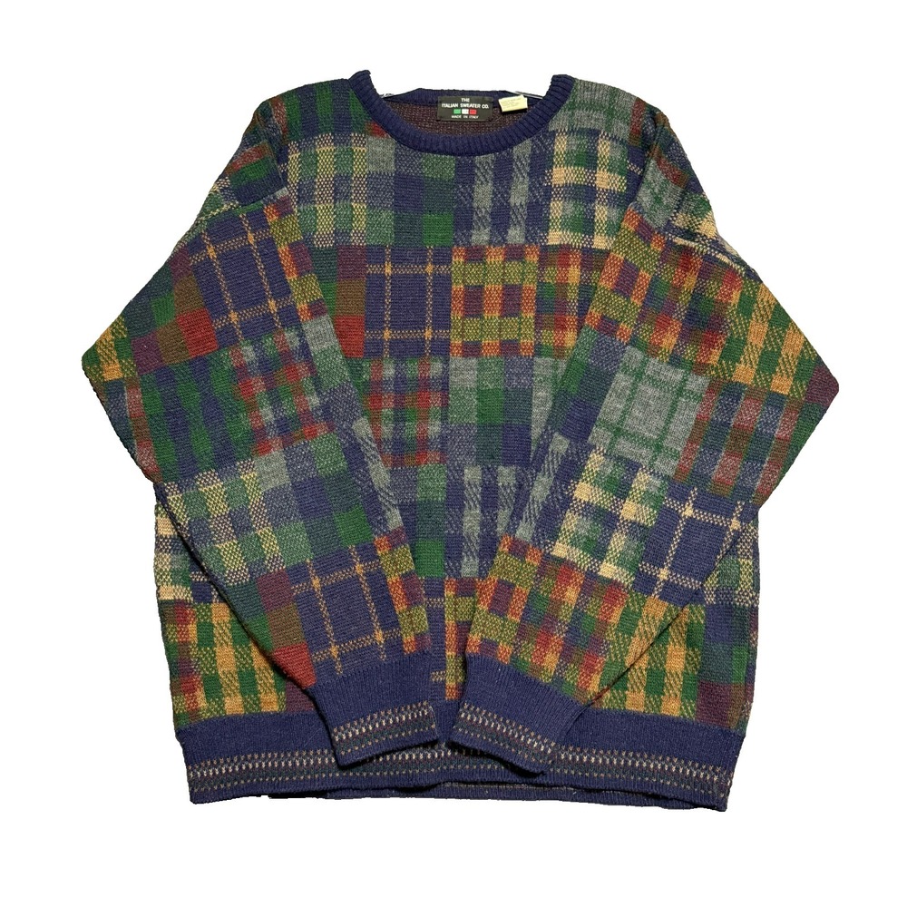 Vintage 80s 90s Italian Sweater Co Mens Large Wool Blend Plaid Grandpacore Twee